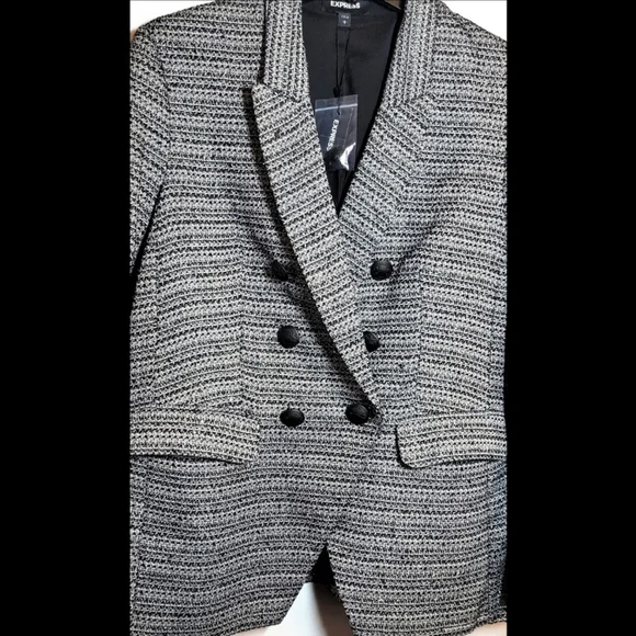 EXPRESS BLAZER L BLACK WHITE TEXTURED METALLIC DOUBLE BREASTED NOVELTY BUTTON